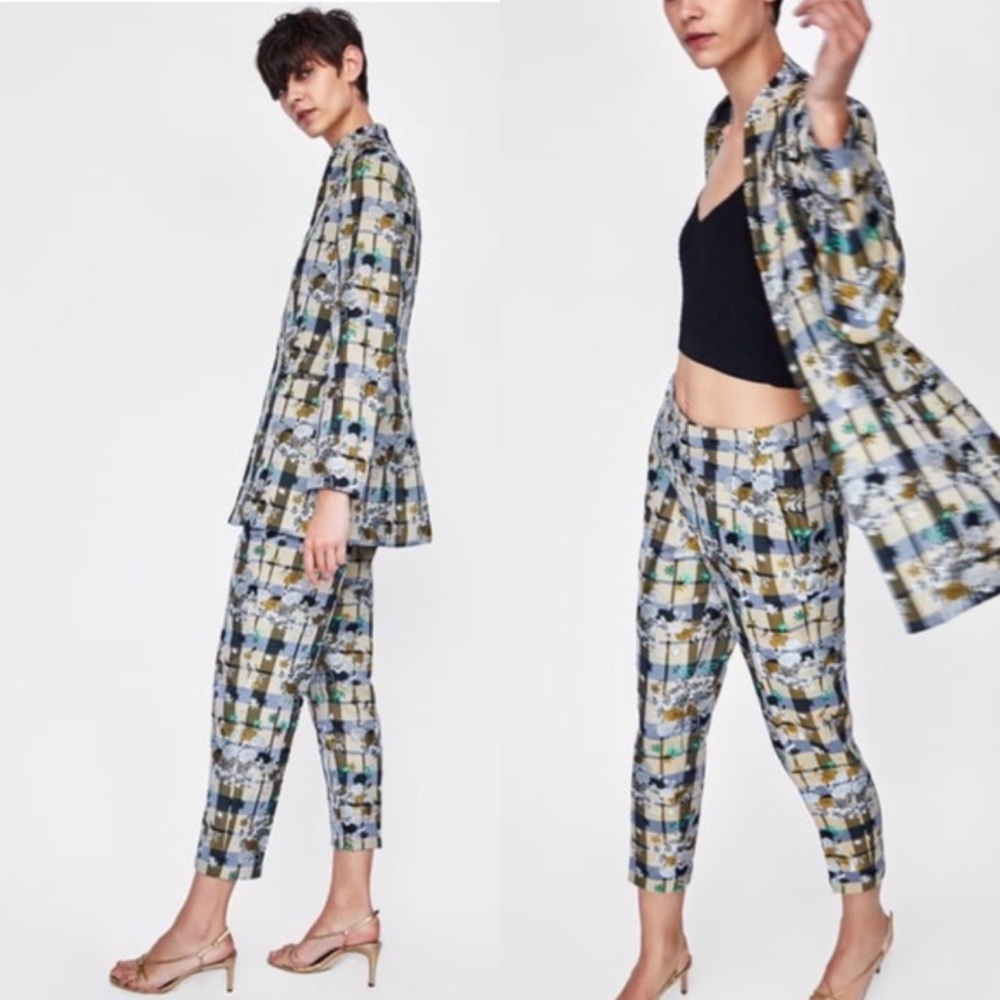 Zara Jacquard Checkered Floral Print Pants NEW